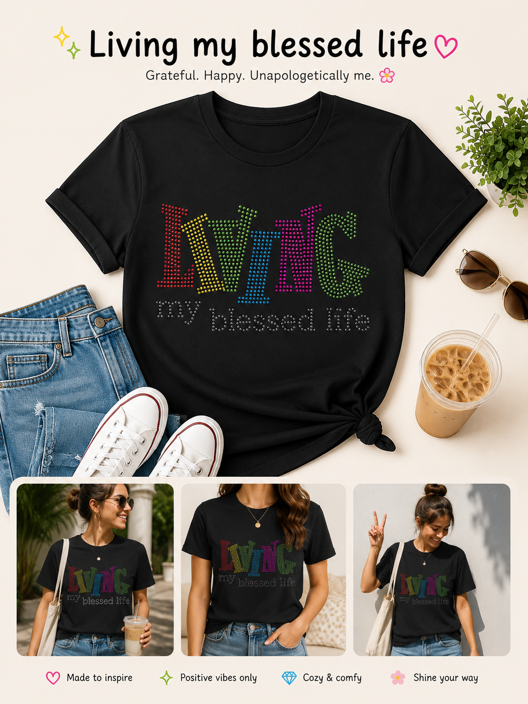 Living My Blessed Life Rhinestone T-Shirt | Premium HotFix Bling Tee